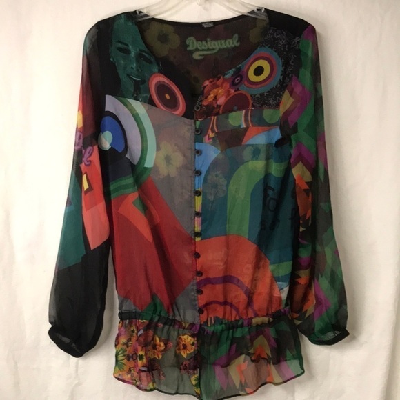 DESIGUAL Women’s Blouse Collage Print Sheer Poly Button Front Elastic at Waist - Picture 1 of 13
